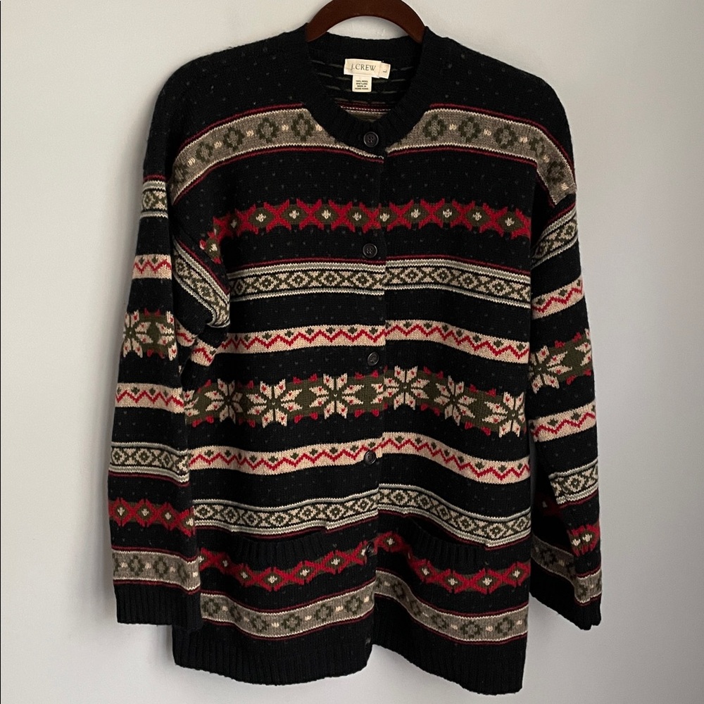 Vintage J.Crew Multicolor Fair Isle Shetland Wool Cardigan Sweater Size Large